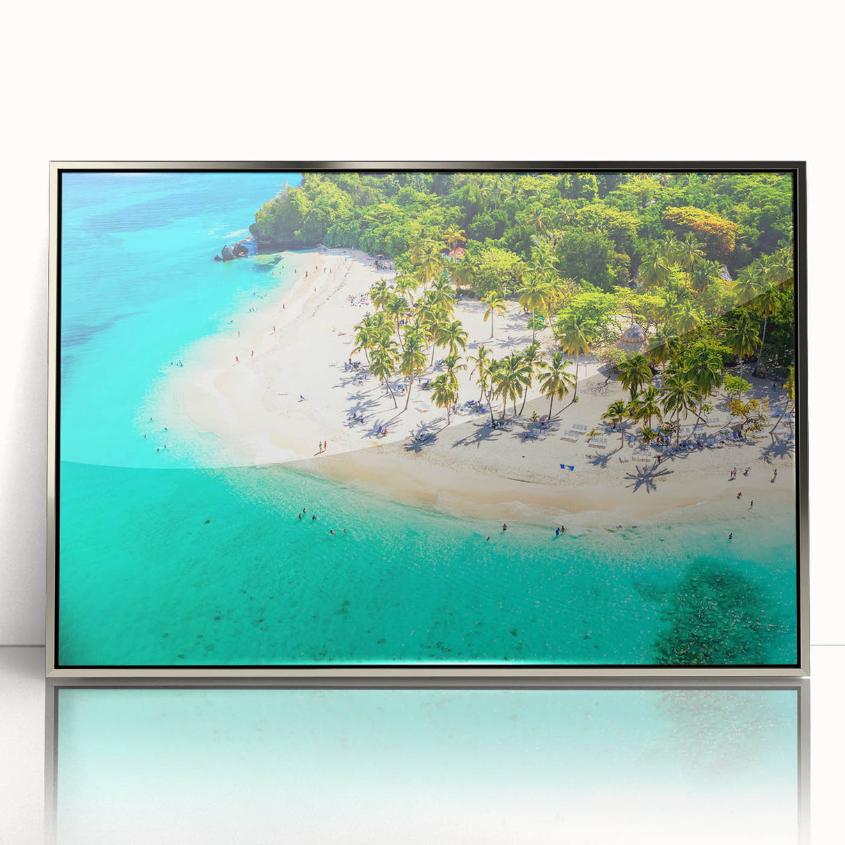 Framed acrylic wall art displaying a serene beach landscape with vibrant colors and intricate details, ideal for home decor and relaxation themes.