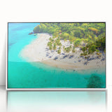 Framed acrylic wall art featuring a vibrant beach landscape design, showcasing a serene ocean scene with a clear blue sky and soft white sand, perfect for home decor.