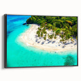 Framed canvas wall art featuring a coastal beach landscape design with vibrant colors, showcasing gentle waves and golden sand, viewed from the side against a neutral backdrop.