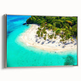 Framed canvas wall art showcasing a serene beach landscape with vibrant colors and silver accents, perfect for enhancing home decor with a coastal vibe.