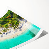 Vibrant rolled print showcasing a beach landscape design with vivid colors and intricate details, perfect for home decor. Ideal for enhancing living spaces with a serene coastal vibe.