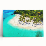 Stretched canvas wall art showcasing a vibrant beach landscape design, featuring warm sunset hues and gentle waves, perfect for coastal-themed decor.