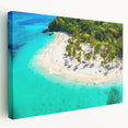 Stretched canvas wall art showcasing a serene beach landscape with vibrant colors and calming waves, designed to enhance home decor aesthetics.