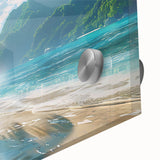 Vibrant acrylic wall art showcasing a serene beach landscape, featuring vivid colors and intricate details, ideal for home decor or relaxation spaces.