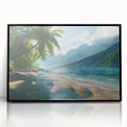 Framed acrylic wall art showcasing a serene beach landscape with vibrant colors, set in a sleek black frame, ideal for home decor and coastal themes.