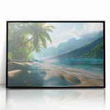 Framed acrylic wall art showcasing a serene beach landscape with vibrant colors, set in a sleek black frame, ideal for home decor and coastal themes.
