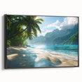 Framed canvas wall art showcasing a serene beach landscape design with vibrant colors and intricate detailing, featuring a black frame for a modern touch.