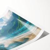 Rolled print of a serene beach landscape featuring soft pastel colors and gentle waves, ideal for home decor, packaged in protective cardboard for safe delivery.