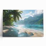Stretched canvas wall art showcasing a vibrant beach landscape with serene ocean waves and golden sand, perfect for coastal home decor. Ideal for creating a calming atmosphere in living spaces.