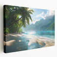 Stretched canvas wall art showcasing a serene beach landscape with vibrant blue skies and soft sandy shores, designed to enhance home decor.
