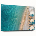 Acrylic wall art collection featuring a vibrant beach landscape design with rich colors, displayed from a side view and secured with decorative pins.