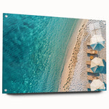 Acrylic wall art collection featuring a vibrant beach landscape design with rich colors, displayed from a side view and secured with decorative pins.