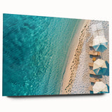 Acrylic glass wall art piece showcasing a serene beach landscape, featuring vibrant colors and smooth edges, perfect for adding a coastal vibe to any room.