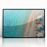Framed acrylic wall art showcasing a serene beach landscape with vibrant colors, perfect for home decor. Features a sleek black frame emphasizing the artwork's details.