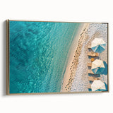 Framed canvas wall art showcasing a serene beach landscape with vibrant gold accents, perfect for home decor. Ideal for adding a touch of elegance and tranquility to any space.