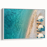 Framed canvas wall art showcasing a serene beach landscape with vibrant colors, designed to enhance home decor with a modern touch. Perfect for coastal-themed interiors.