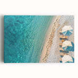 Stretched canvas wall art showcasing a vibrant beach landscape design, featuring turquoise waters, golden sands, and a clear blue sky, ideal for home decor.