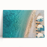 Stretched canvas wall art featuring a serene beach landscape with vibrant colors and gentle waves, ideal for coastal-themed decor and relaxation.