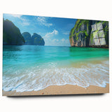 Acrylic glass wall art showcasing a stunning beach landscape design, featuring vibrant colors and intricate details in a side view presentation without pins, ideal for home decor.