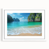 Framed wall art featuring a serene beach landscape with soft pastel colors and a white mat border, perfect for enhancing home decor and creating a calming atmosphere.