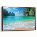 Framed canvas wall art depicting a serene beach landscape, featuring vibrant colors and detailed textures, presented in a sleek black frame, perfect for home decor.