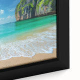 Framed canvas close-up showcasing a vibrant beach landscape wall art design, featuring vivid blues and sandy tones, perfect for home decor.