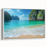Framed canvas wall art showcasing a serene beach landscape with soft pastel colors, ideal for coastal decor, viewed from the side against a white background.