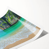 Rolled print of a serene beach landscape wall art design, showcasing soft pastel colors of the sky and ocean, ideal for coastal-themed decor.