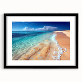 Framed black wall art featuring a serene beach landscape with vibrant colors, designed to enhance home decor. Ideal for adding a coastal touch to interiors.