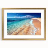 Framed wall art showcasing a serene beach landscape with vibrant colors, featuring a gold frame and mat, perfect for enhancing any coastal-themed decor.