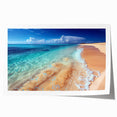 Vibrant rolled print of a serene beach landscape featuring soft waves and golden sand, perfect for home decor, showcasing natural beauty and tranquility.