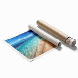 Colorful beach landscape wall art print showcasing vibrant sunset hues and gentle waves, rolled and ready for framing, ideal for coastal decor enthusiasts.