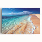 Stretched canvas wall art showcasing a vibrant beach landscape with soft waves and a serene sunset, perfect for coastal decor in modern homes.