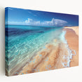 Stretched canvas artwork showcasing a serene beach landscape with vibrant colors and intricate details, ideal for home decor and wall art collections.
