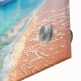 Close-up of a vibrant acrylic glass wall art piece showcasing a serene beach landscape design, featuring soft blues and sandy tones, ideal for home decor.