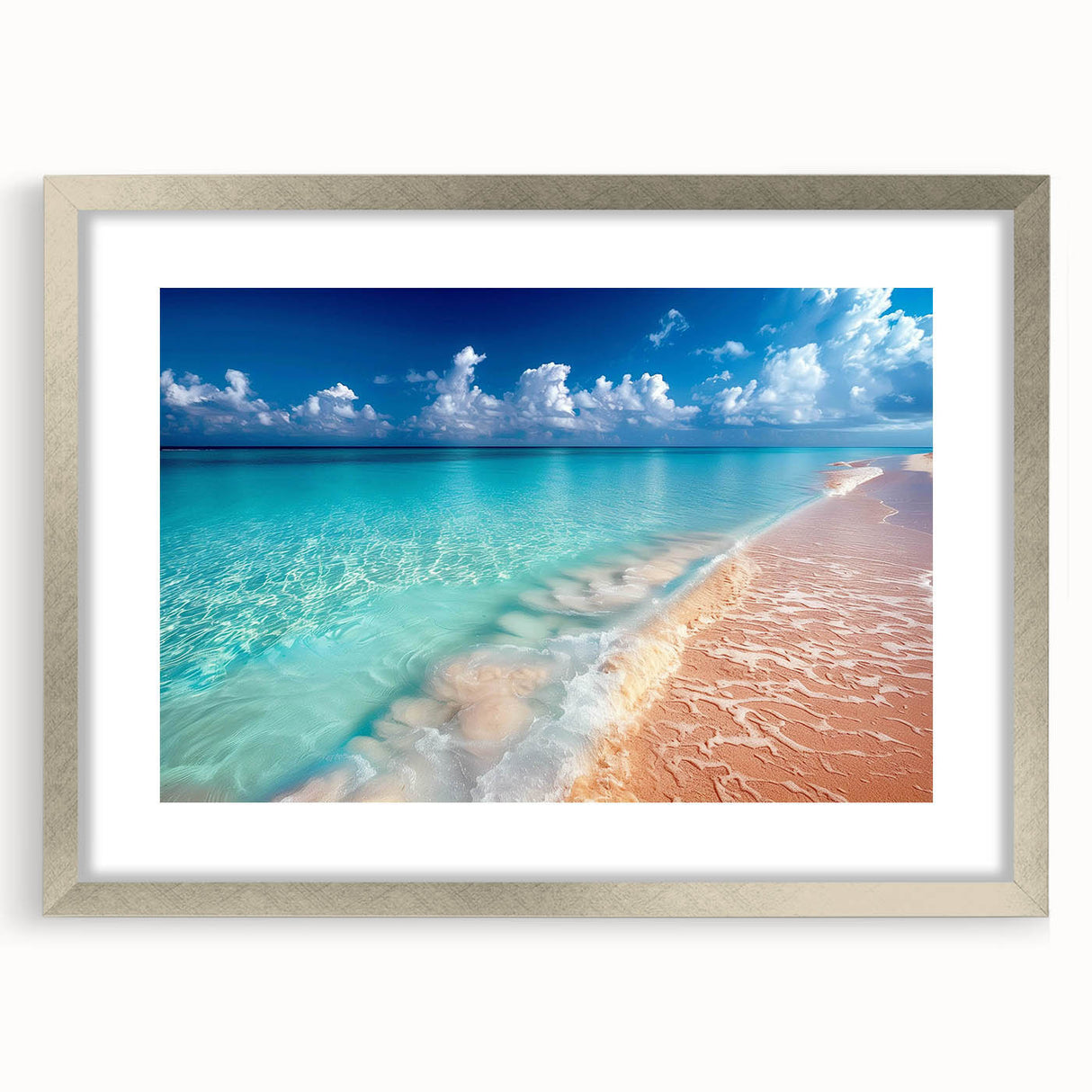 Framed wall art collection showcasing a serene beach landscape, featuring a silver frame and a mat, ideal for coastal decor enthusiasts.