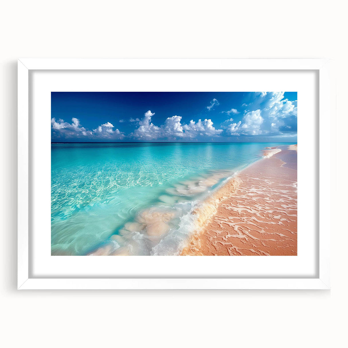 Framed wall art showcasing a serene beach landscape design, featuring soft blue and sandy beige tones, with a white mat and sleek frame, perfect for home decor.