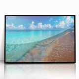 Framed acrylic wall art featuring a serene beach landscape with vibrant colors, showcasing a peaceful sunset over the ocean, ideal for home decor.