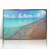 Framed wall art featuring a stunning beach landscape design, showcasing vibrant colors and intricate details, with a sleek gold frame enhancing its elegance. Ideal for home decor and coastal-themed interiors.