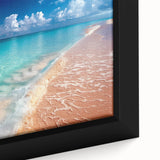 Framed canvas wall art showcasing a vibrant beach landscape with vivid blues and sandy tones, perfect for home decor or coastal-themed spaces.