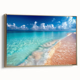 Framed canvas wall art featuring a serene beach landscape design with golden hues, showcasing tranquil waves and a vibrant sunset, ideal for coastal decor.