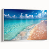Framed canvas wall art displaying a serene beach landscape scene with vibrant colors and a white frame, ideal for home decor and coastal-themed interiors.