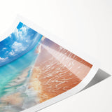 Vibrant beach landscape wall art print showcasing a serene sunset over the ocean with soft waves and colorful clouds, rolled for easy framing and display.