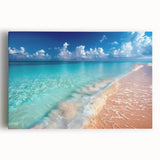 Stretched canvas wall art showcasing a vibrant beach landscape with blue skies and golden sands, ideal for brightening living spaces and promoting relaxation.