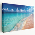 Stretched canvas wall art showcasing a serene beach landscape with vibrant colors and soft waves, perfect for adding a calming touch to home decor.