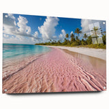 Acrylic glass wall art featuring a vibrant beach landscape design, showcasing vivid colors and intricate details, displayed in a modern setting with decorative pins.