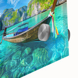 Close-up of an acrylic wall art piece showcasing a vibrant beach landscape with vivid blues and sandy tones, ideal for coastal-themed decor.