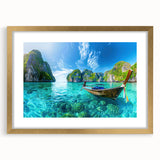 Elegant gold-framed wall art featuring a serene beach landscape design, perfect for enhancing home decor, with a matte finish that adds sophistication.