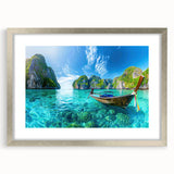 Framed wall art featuring a serene beach landscape design, with a silver mat and frame, ideal for coastal-themed home decor, enhancing relaxation and style.
