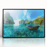 Framed acrylic wall art featuring a serene beach landscape in vibrant colors, showcasing a tranquil ocean view with golden sand and blue skies, perfect for home decor.